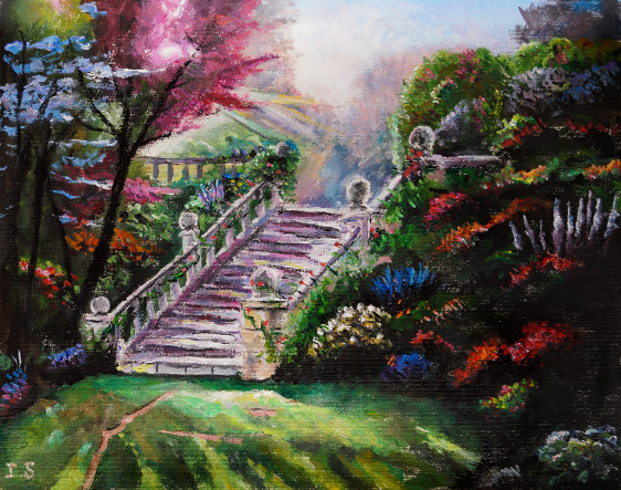 Escalier fleurs jardin printanier