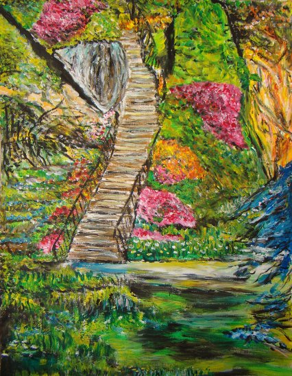 Escalier colline fleurs