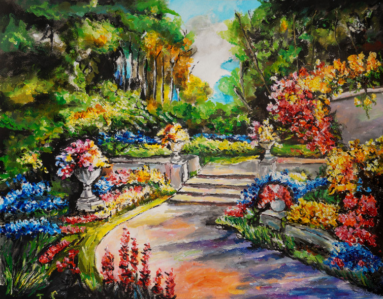 Escalier jardin fleuri arbres