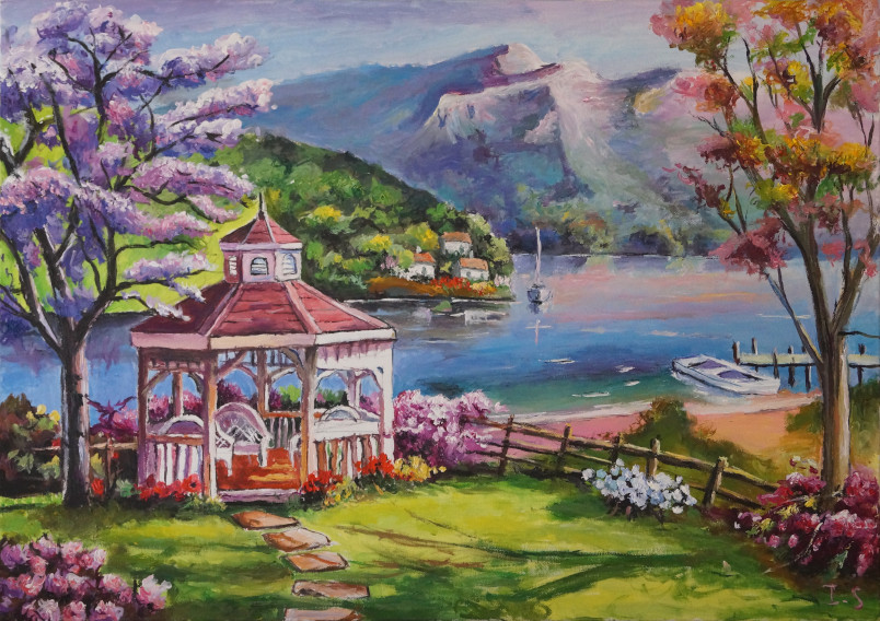 Kiosque jardin fleuri été lac montagne