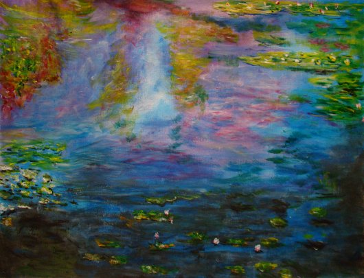 Nymphéas et reflet ciel couchant
